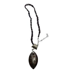 Purple Braided Cord Necklace with Leaf-Shaped Glass‎ Pendant – Adjustable Length